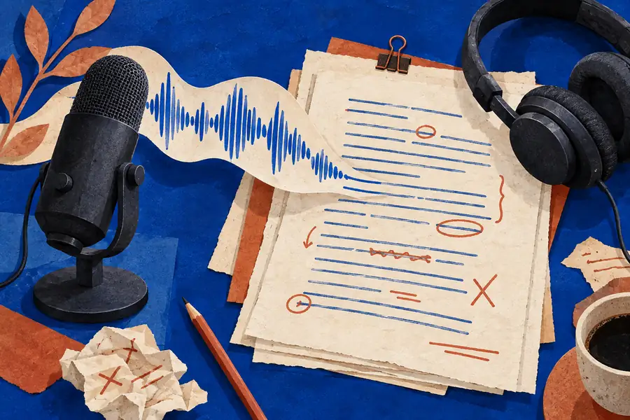 Ilustración de una transcripción, un micrófono y auriculares sobre fondo azul