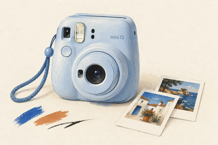 Ilustración de una cámara instantánea azul con dos pequeñas fotografías