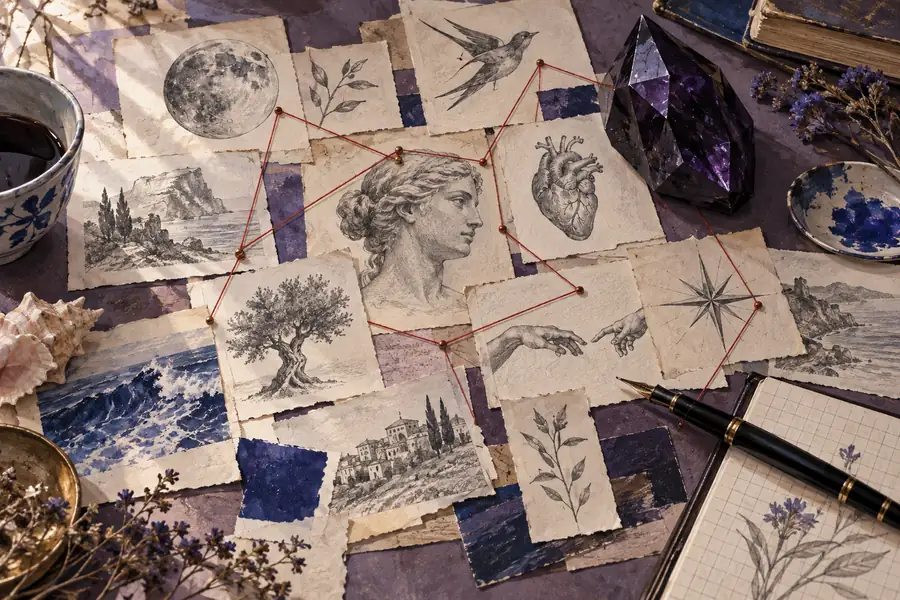 Ilustración de notas moradas conectadas por un hilo junto a una piedra de obsidiana